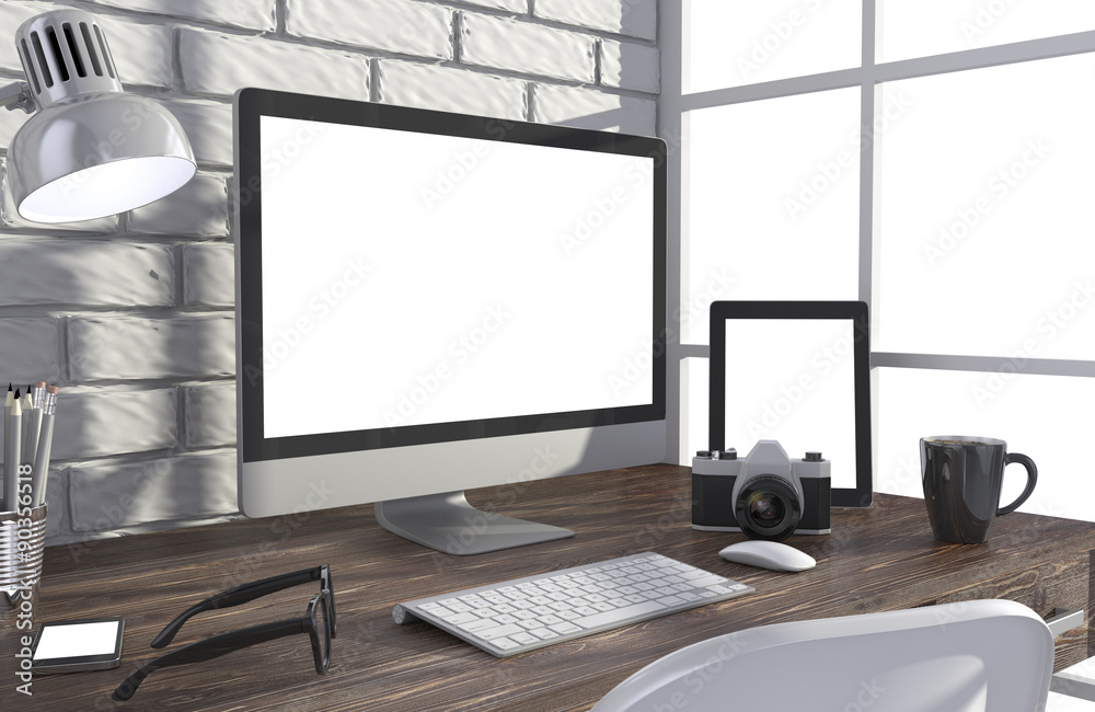 Fototapeta premium 3D illustration PC screen on table in office, Workspace