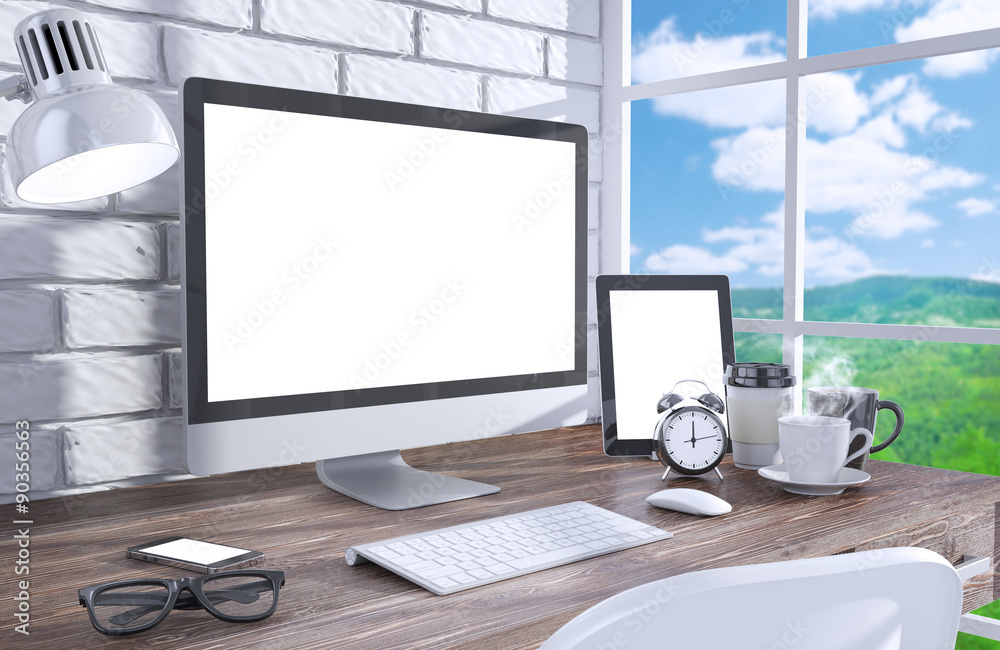 Fototapeta premium 3D illustration PC screen on table in office, Workspace