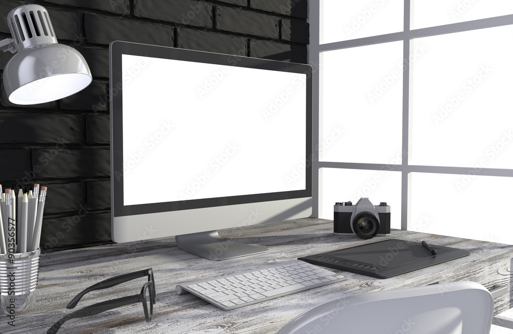 Fototapeta premium 3D illustration PC screen on table in office, Workspace