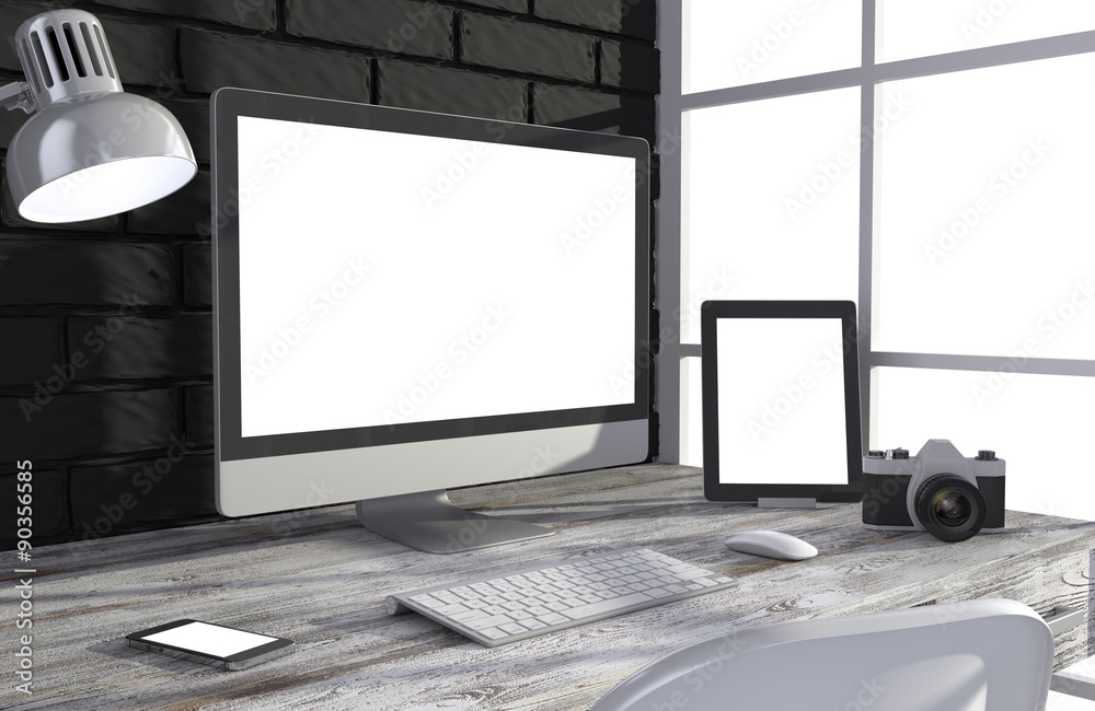 Fototapeta premium 3D illustration PC screen on table in office, Workspace