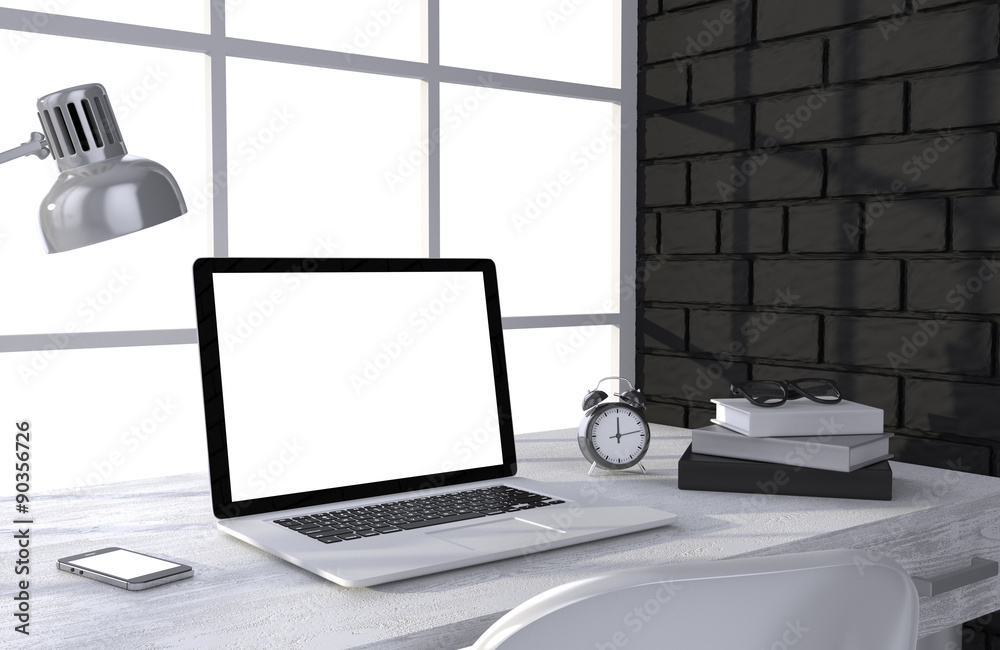 3D illustration laptopand work stuff on table near brick wall 3D illustration laptopand work stuff on table near brick wall