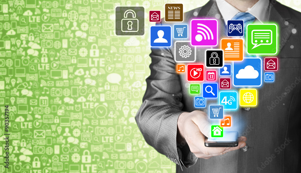 Business man using smart phone with social media icon set Business man using smart phone with social media icon set