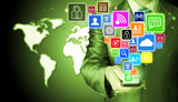 Business man using smart phone with social media icon set