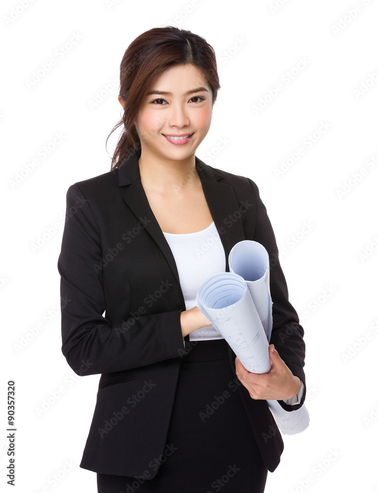 Female engineer hold with blue print