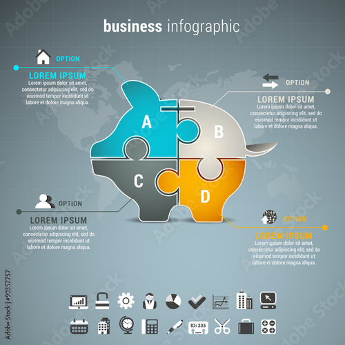 Business infographic with piggy bank made of puzzle.