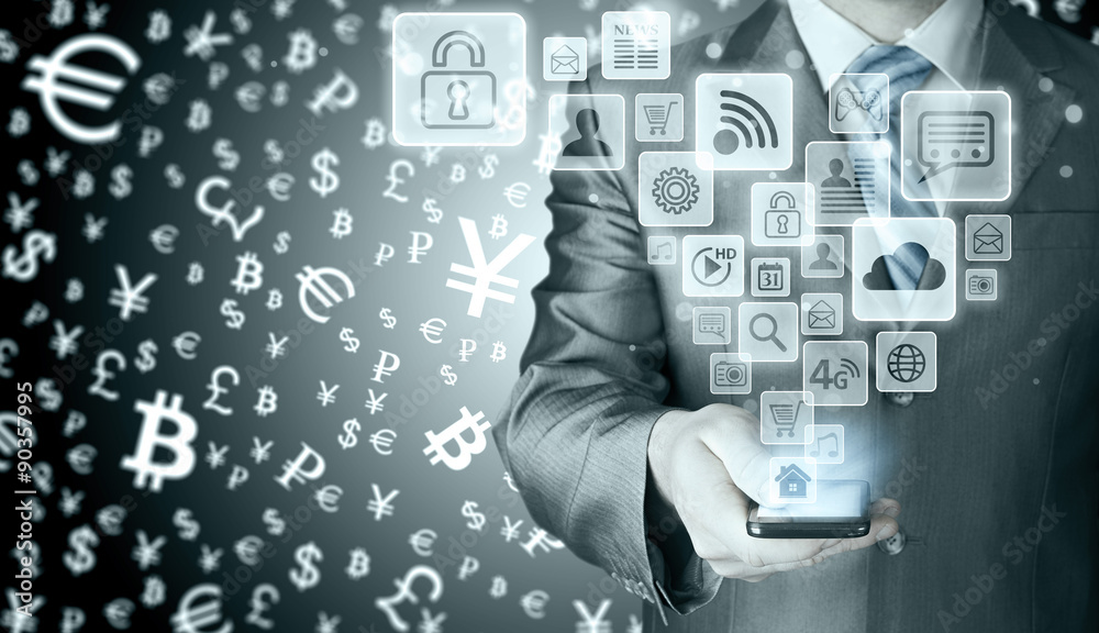 Business man using smart phone with social media icon set Business man using smart phone with social media icon set