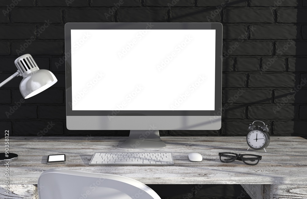 Fototapeta premium 3D illustration PC screen on table in office, Workspace