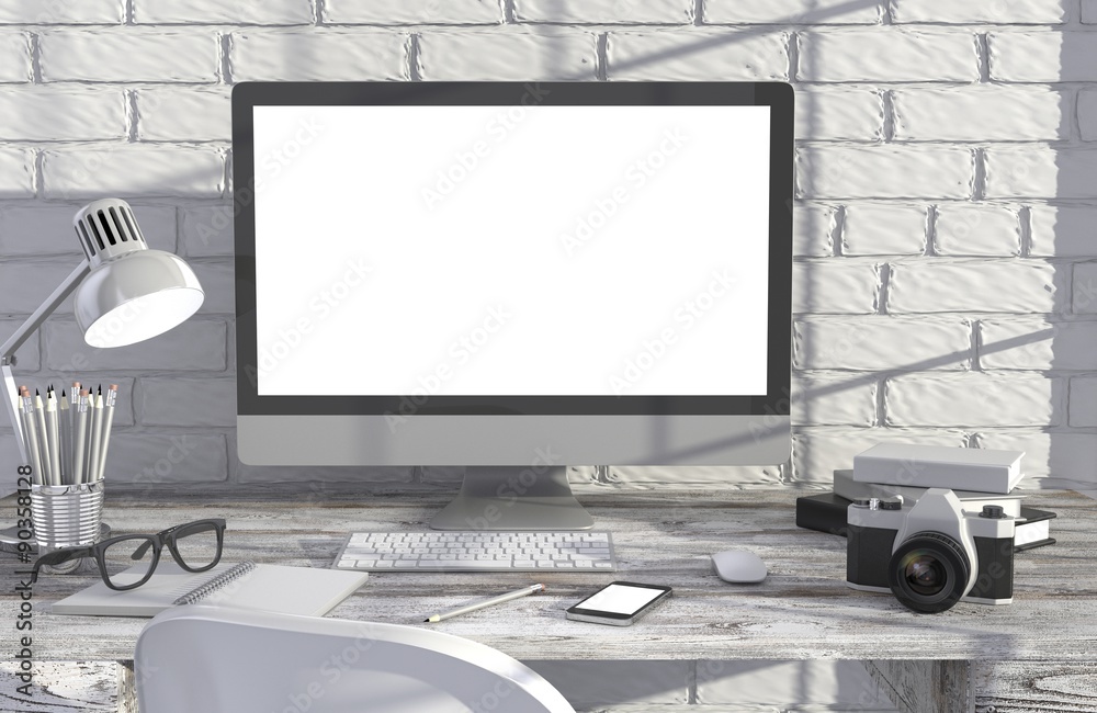 Fototapeta premium 3D illustration PC screen on table in office, Workspace
