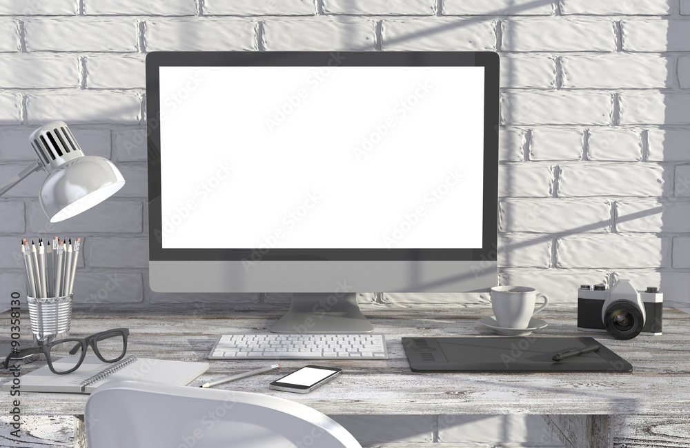 Fototapeta premium 3D illustration PC screen on table in office, Workspace