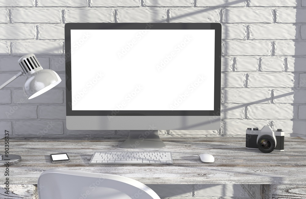 Fototapeta premium 3D illustration PC screen on table in office, Workspace
