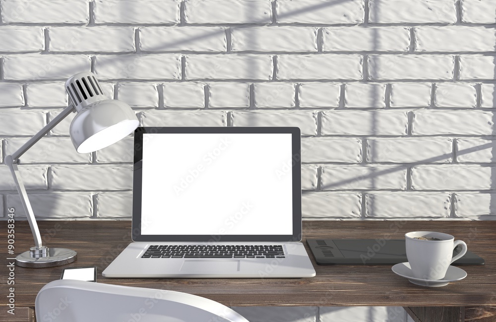 3D illustration laptopand work stuff on table near brick wall 3D illustration laptopand work stuff on table near brick wall