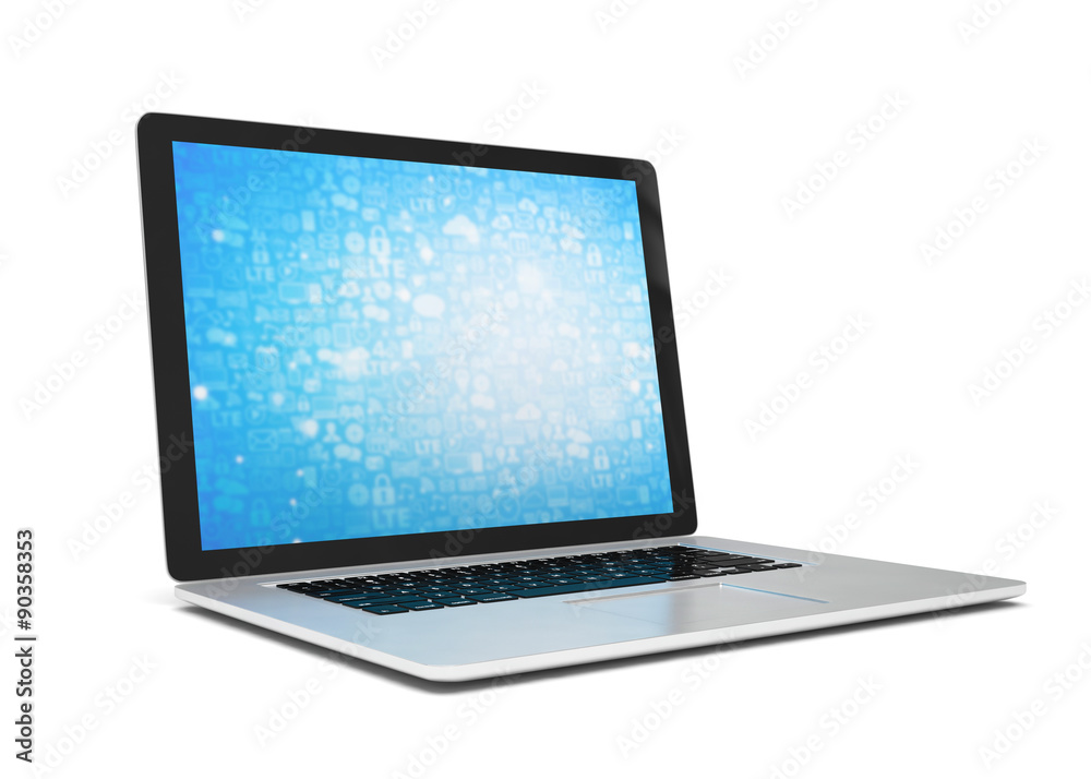 3d rendering of a laptop with blue wallpaper with app icon 3d rendering of a laptop with blue wallpaper with app icon