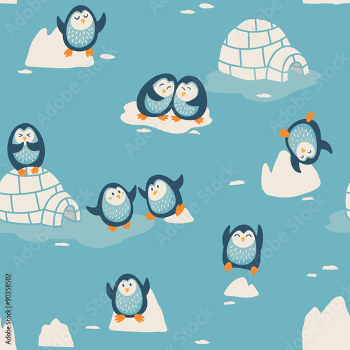 Seamless pattern with little cute penguins