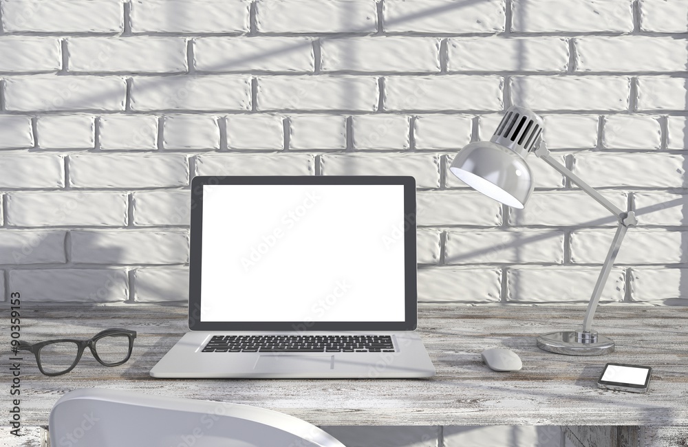 Fototapeta premium 3D illustration laptopand work stuff on table near brick wall