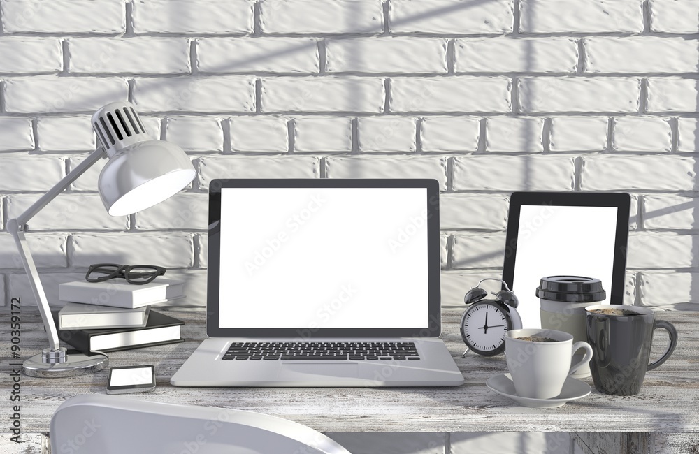Fototapeta premium 3D illustration laptopand work stuff on table near brick wall