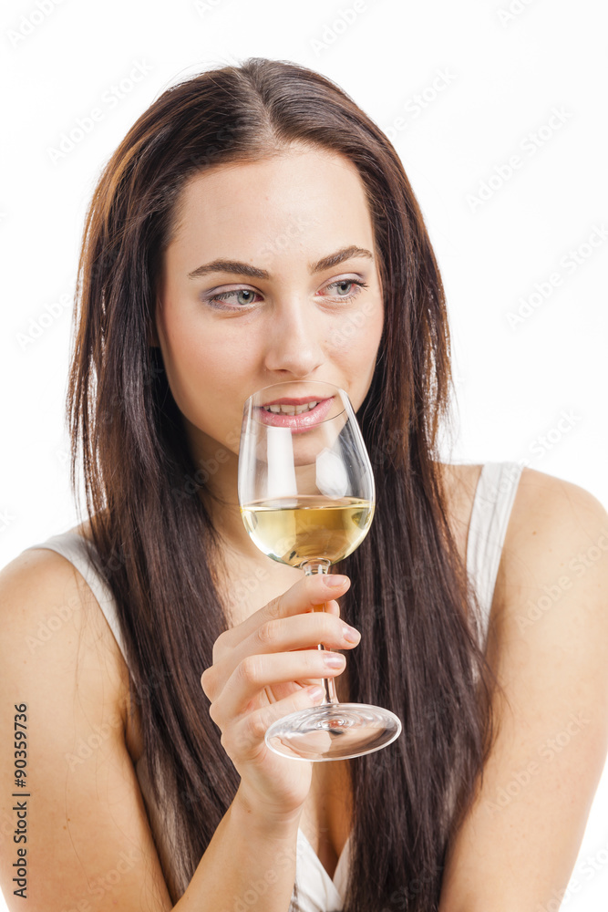 portrait of young woman tasting white wine portrait of young woman tasting white wine