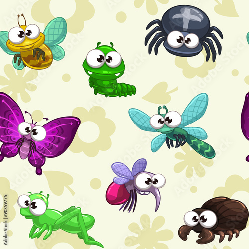 Seamless pattern with funny cartoon insects