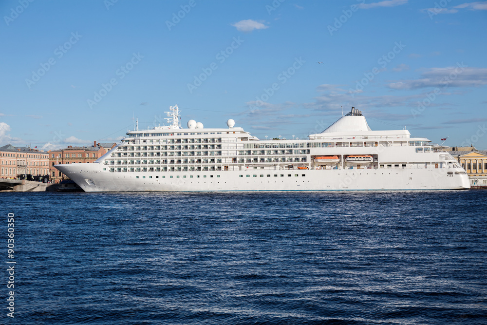 Big cruise ship on a mooring on Neva river in Saint-Petersburg, Russia