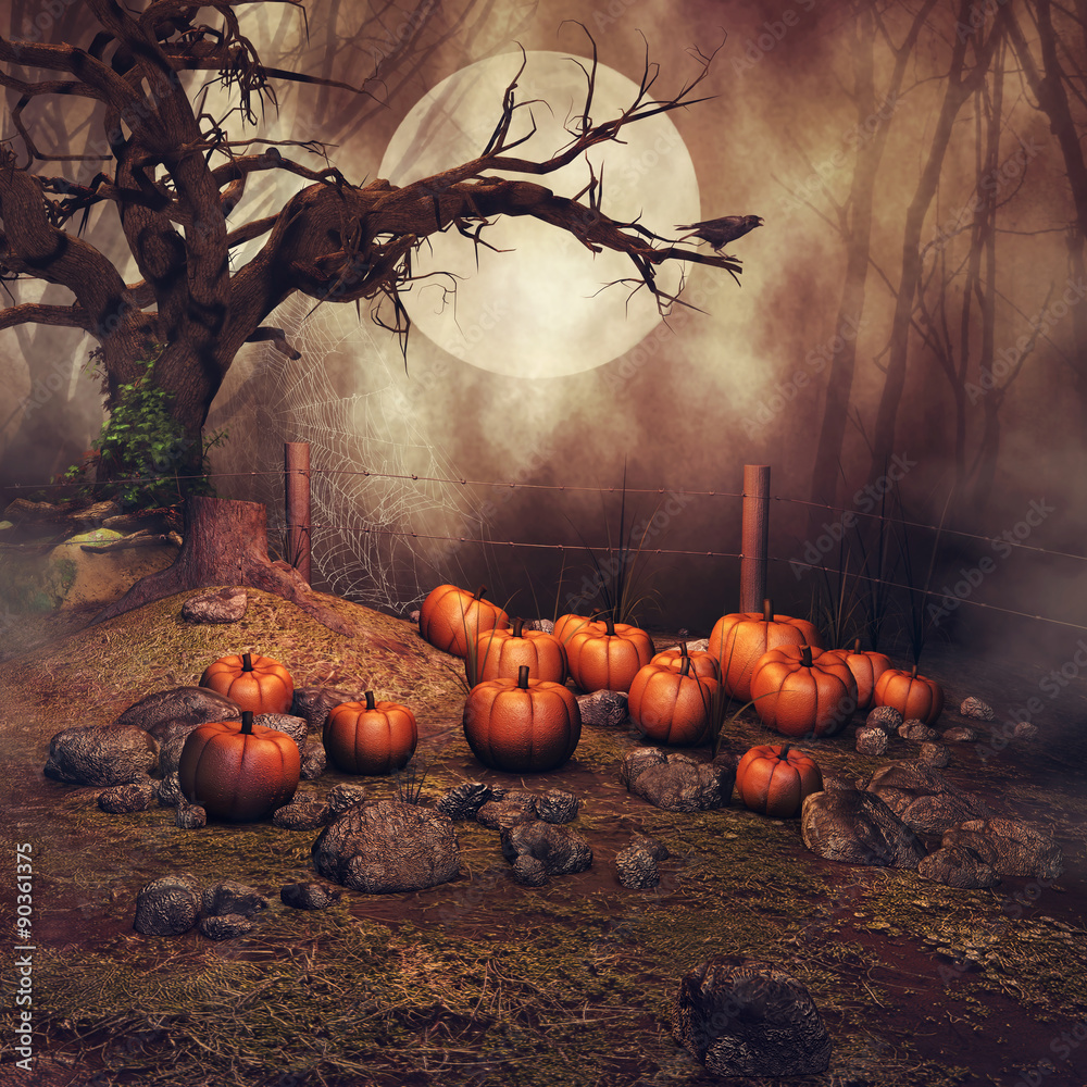 Fototapeta premium Pole z dyniami, starym drzewem i krukiem na tle lasu i księżyca w pełni