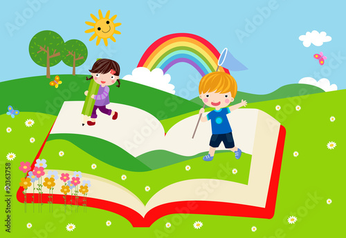 Happy children and book