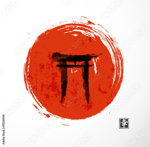 Torii gates and red rising sun 