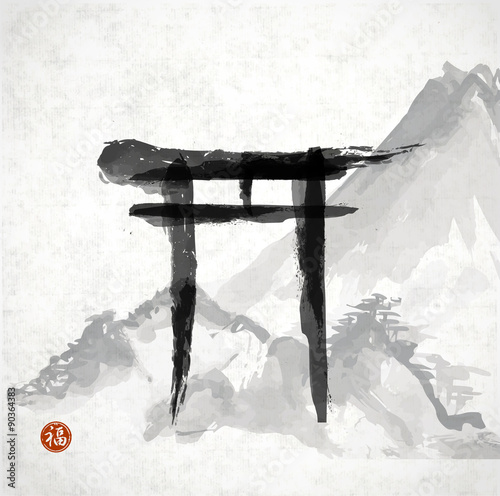 Torii gates and mountains hand-drawn with ink i