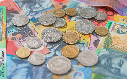 Australian currency, coins, bank notes background