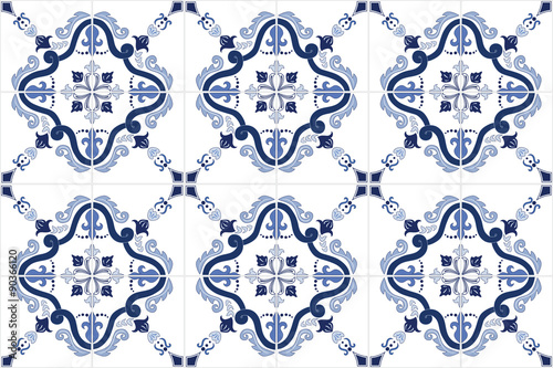 Traditional ornate portuguese tiles azulejos in blue. Vintage pattern. Abstract background. Vector hand drawn illustration, eps10. 
