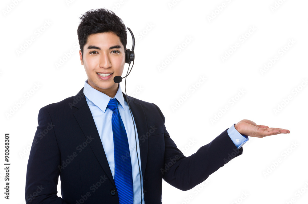 Call center agent with open hand palm Call center agent with open hand palm