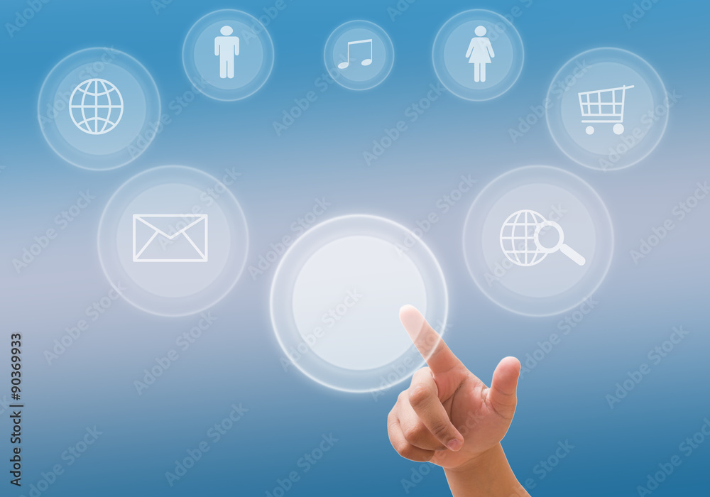hand pushing a button on a touch screen interface hand pushing a button on a touch screen interface
