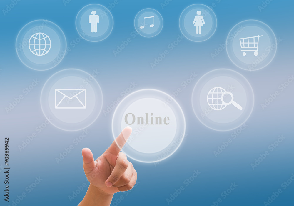 hand pushing a button on a touch screen interface hand pushing a button on a touch screen interface