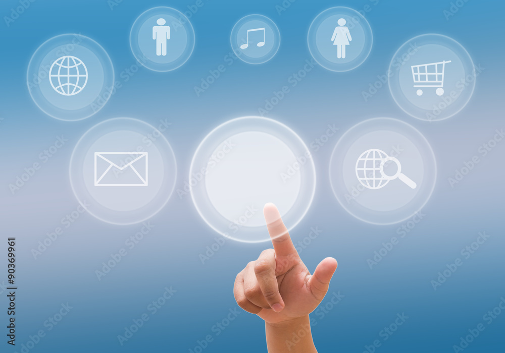 hand pushing a button on a touch screen interface hand pushing a button on a touch screen interface