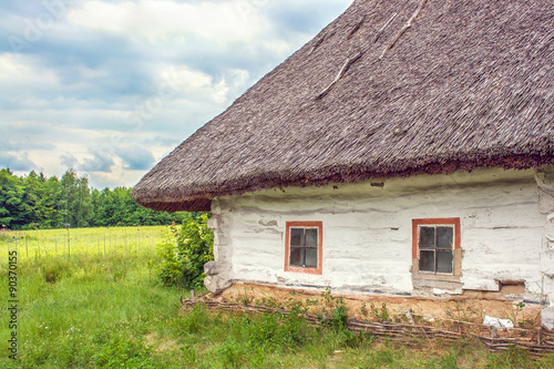 Ukrainian hut thatched sloping field near #90370155