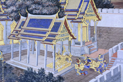 Photography Mural painting in wat phra kaew, Bangkok Thailand