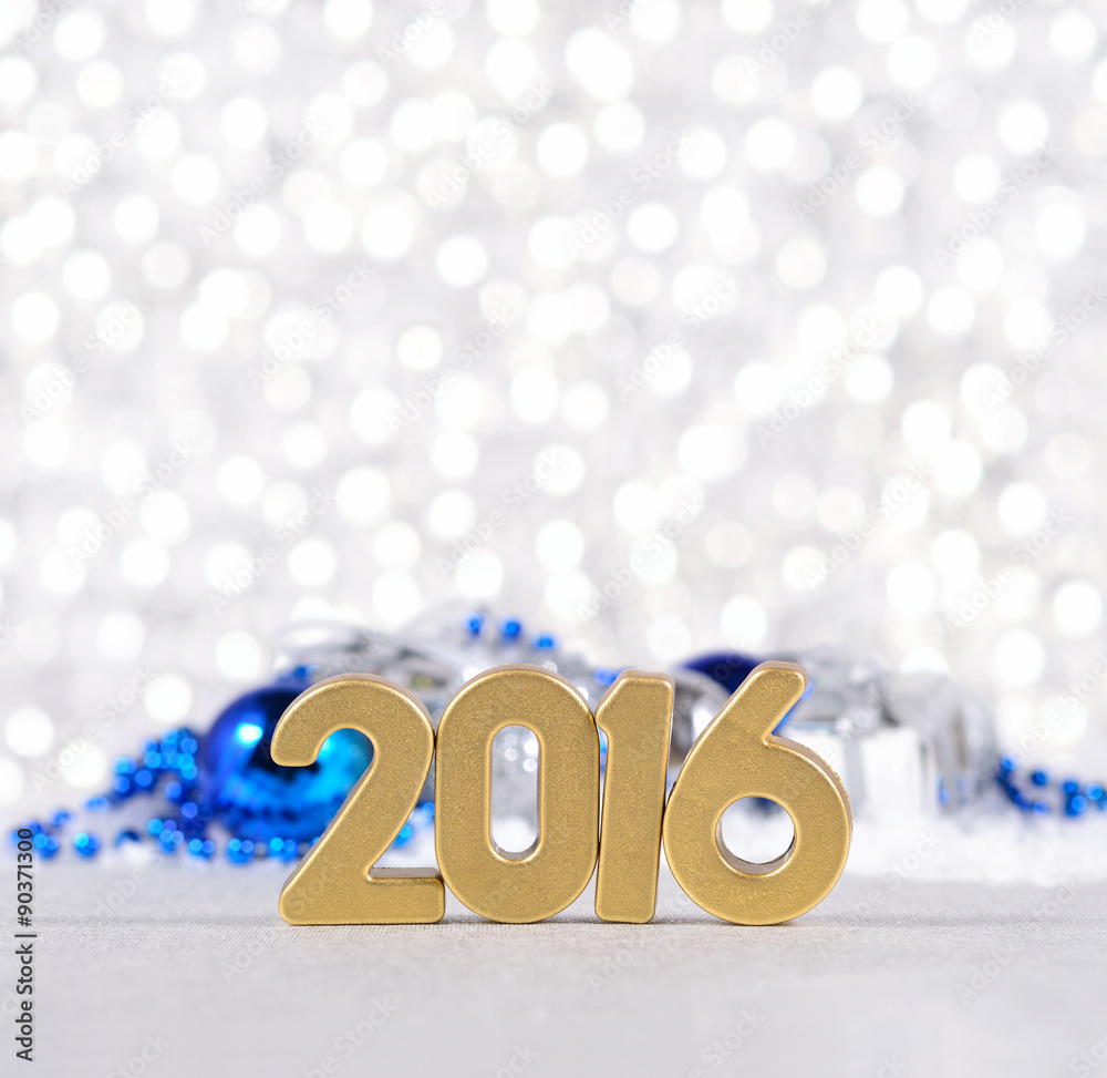 2016 year golden figures and silvery and blue Christmas decorati 2016 year golden figures and silvery and blue Christmas decorati