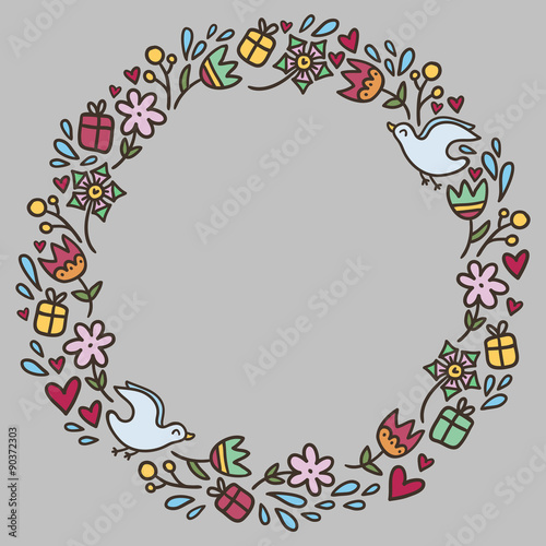 Round frame with flowers, hearts, gifts and birds