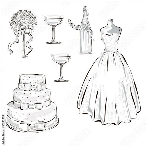 Wedding Day invitation set with wedding cake, champagne bottle, stemwares and white dres
