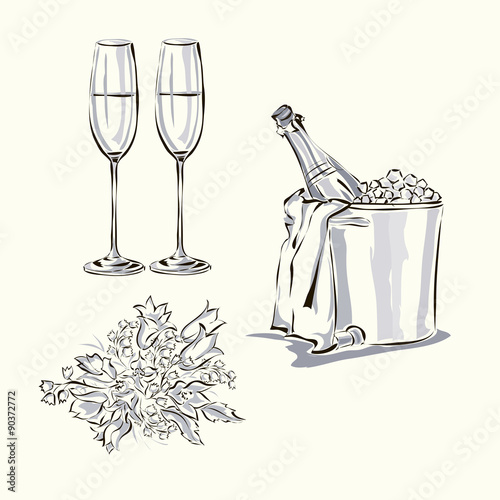 Wedding Day invitation set with wedding cake, champagne bottle, stemwares and bouquet