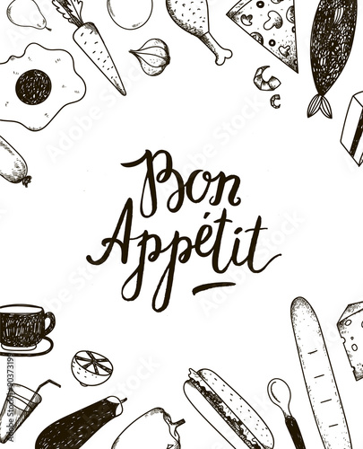 Vector Bon Appetit graphic poster with food illustrations. 