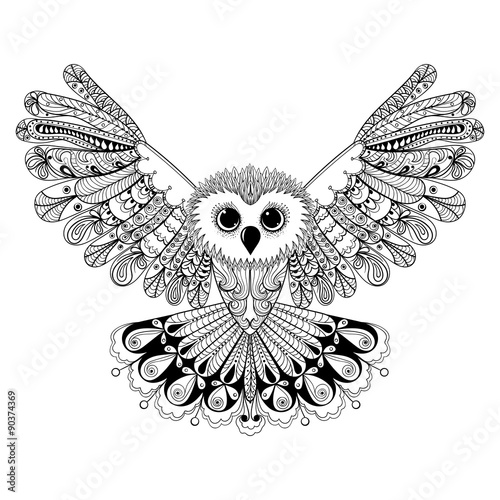 Zentangle stylized Black Owl. Hand Drawn vector illustration iso