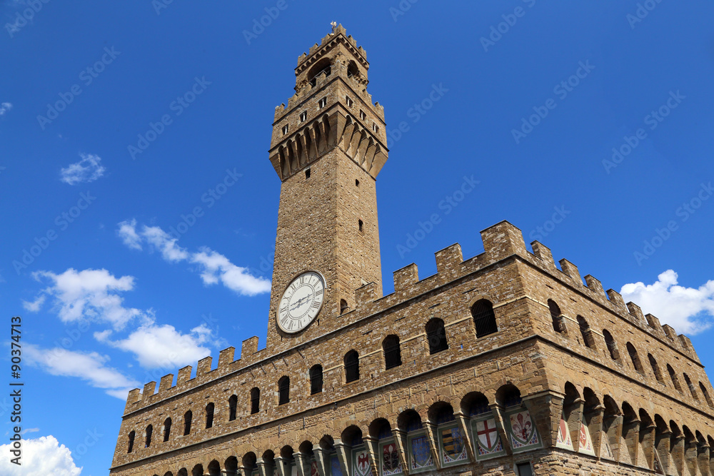 Florence Italy Historic clock tower building in the main square