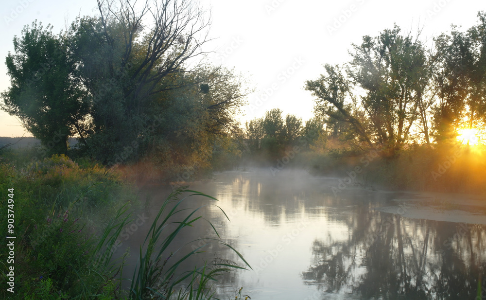 Morning landscape with fog on the river