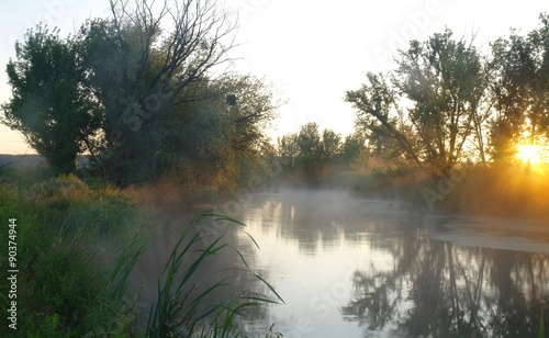 Obraz na płótnie Morning landscape with fog on the river w salonie