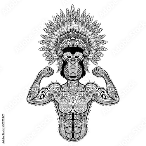 Zentangle stylized strong Monkey like Bodybuilder with war bonne