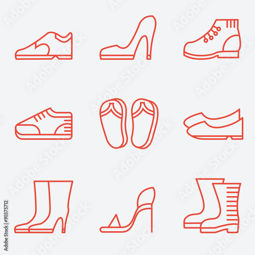 Footwear icons, thin line style, flat design