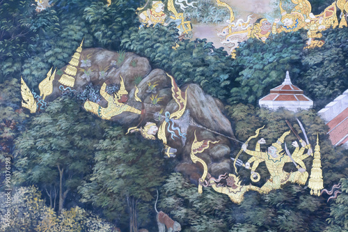 Photography Mural painting in wat phra kaew, Bangkok Thailand