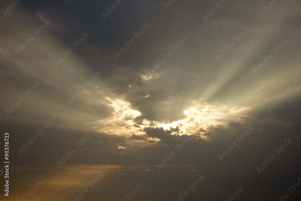 Landscape of cloudy sky which has sun beam in southern of Thailand 