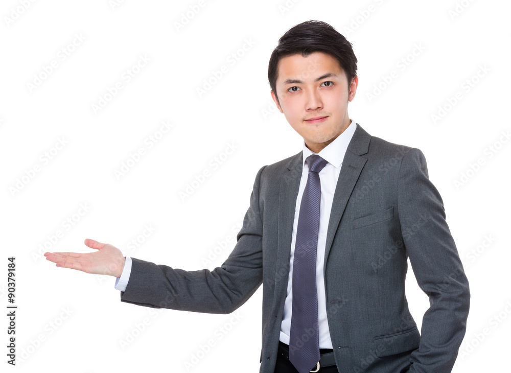 Asian businessman with open hand palm Asian businessman with open hand palm