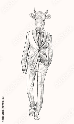Sketch Cow in Hipster Suit. Businessman style. Hand drawn illust