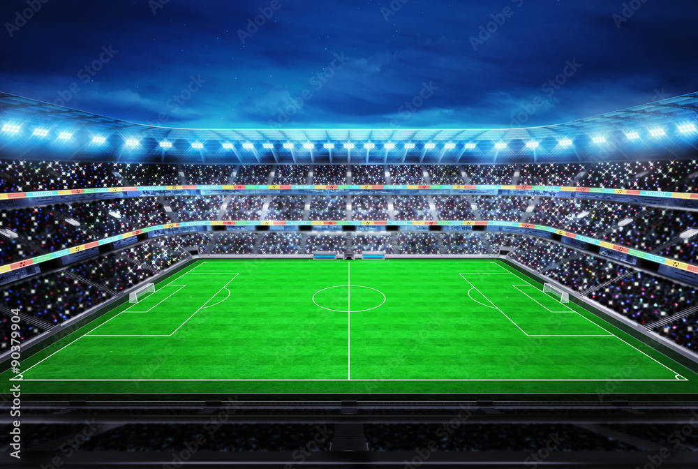Naklejka górny widok na nowoczesny stadion piłkarski z fanami na trybunach